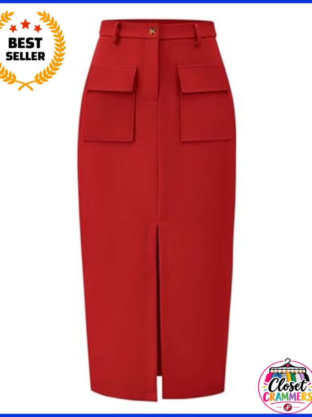 High Waist Cargo Midi Pencil Skirt with Slit Pockets Stretch Business Casual